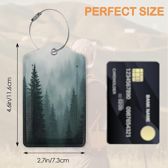 Watercolor Misty Forest PU Leather Luggage Tags for Suitcase, Travel Cruise 3 Pack with Privacy Flap, Name ID Label and Metal Loop for Women Men Girls Baggage Bag Backpack