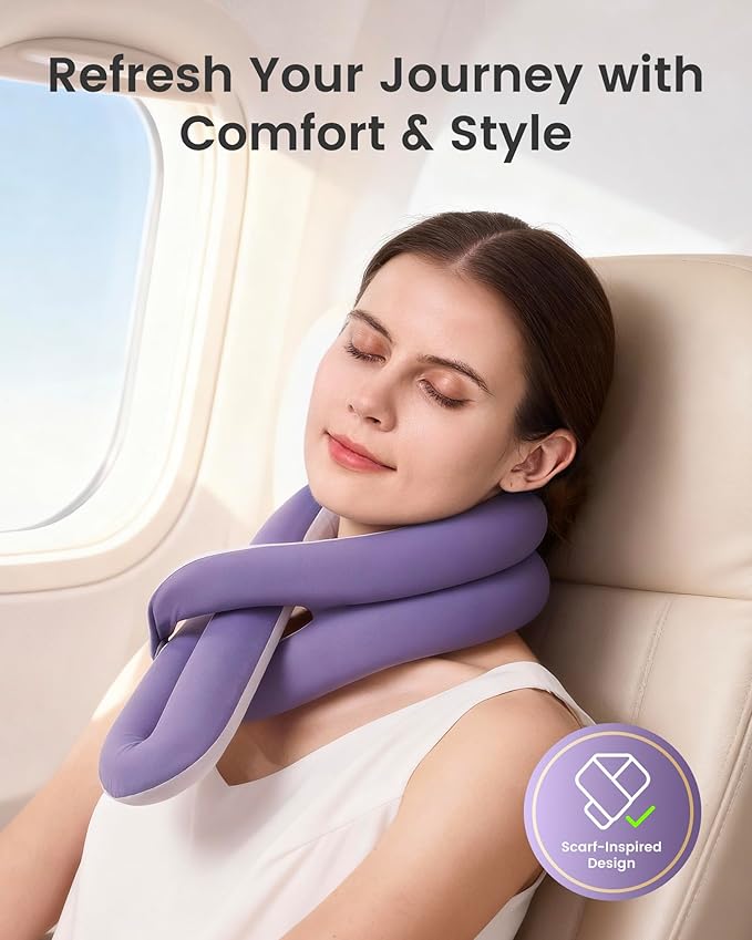 Travel Pillow, Neck Pillow – Ergonomic Memory Foam Pillow for Airplane, Adjustable & Ultra-Lightweight with Dual-Sided Fabric for Flight, Car, and Office Use, Purple