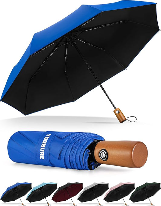 Yoobure Windproof Travel Umbrella with Wood Handle - Automatic Umbrellas for Rain & UV Sun Protection, Compact 46" Large Canopy, Lightweight Backpack Portable for Walking & Outdoor