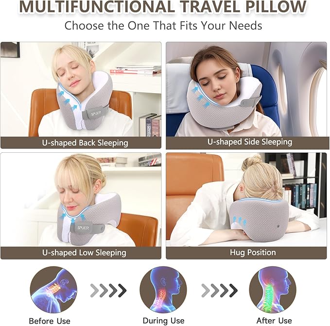 2in1 Ergonomic Memory Foam Travel Neck Pillow – Travel Pillow for All Sleep Positions on Flights, Road Trips, and Long Distance Travel with Drawstring Bag (Adjustable - Gray and White)