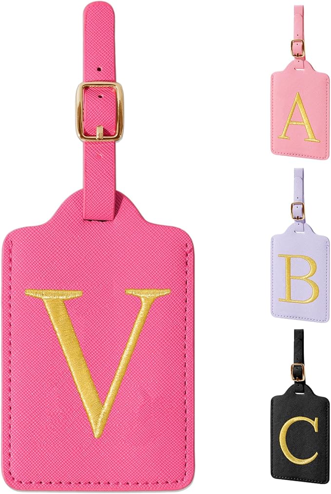 Rose Red Personalized Initial Leather Luggage Tags with Privacy Cover Name Card, Custom Monogram Embroidered Cute Travel Backpack Tag Gifts for Women & Kids