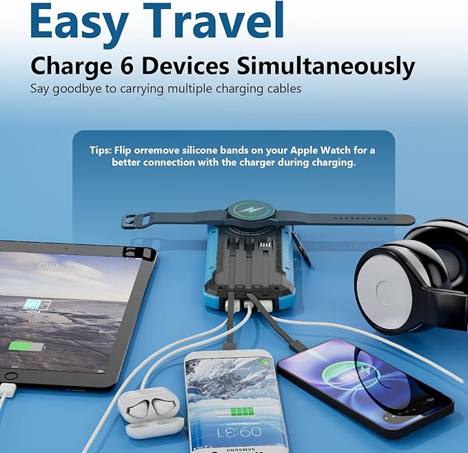 Solar Charger Power Bank 20,000mAh Portable Wireless Charger, Fast Charging External Battery Bank with 6 Outputs for Cell Phones,Portable Solar Panel with Dual Flashlight for Camping