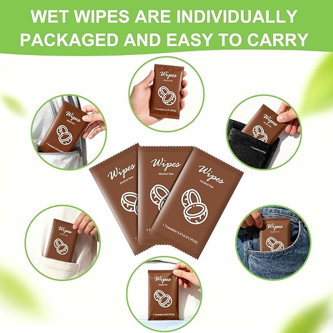 Individual Hand Wipes,Wet Wipes Individually Wrapped Bulk Cleansing Travel Size Wet Wipes for Wedding Travel Restaurant Barbecue(coconut,pack of 50)