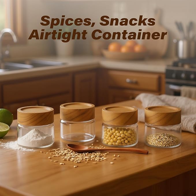 Zoaiirte 6-Pack 4 oz Stackable Airtight Glass Canisters with Acacia Lids - Small Mason Jars for Overnight Oats, Spice Storage, Herb Keepers, Pantry Organization and Dry Food Storage