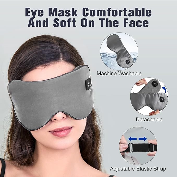 Heated Eye Mask, Rechargeable Detachable Washable Faux Silk Electric Cordless Dry Eyes Warmer Compress Graphene Sleep Mask Travel Gifts for Men Women, 3 Heat Levels & Auto-Off, Gray