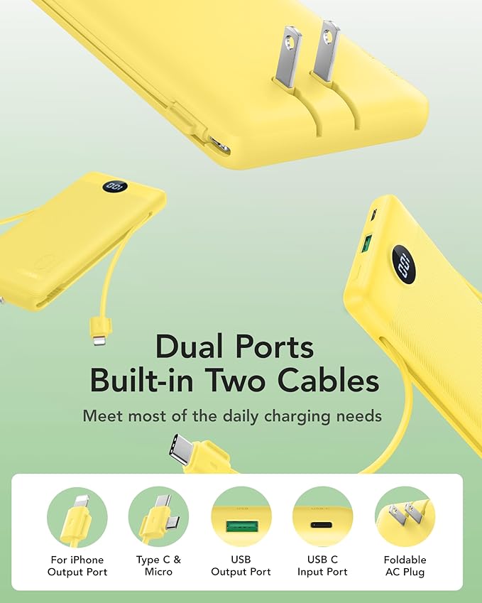 VRURC Portable Charger with Wall Plug, 10000mAh PD 20W Fast Charging Slim Portable Charger Built in Cables Power Bank with Cords,USB C Portable Phone Charger Travel Accessories -Yellow(1 Pack)
