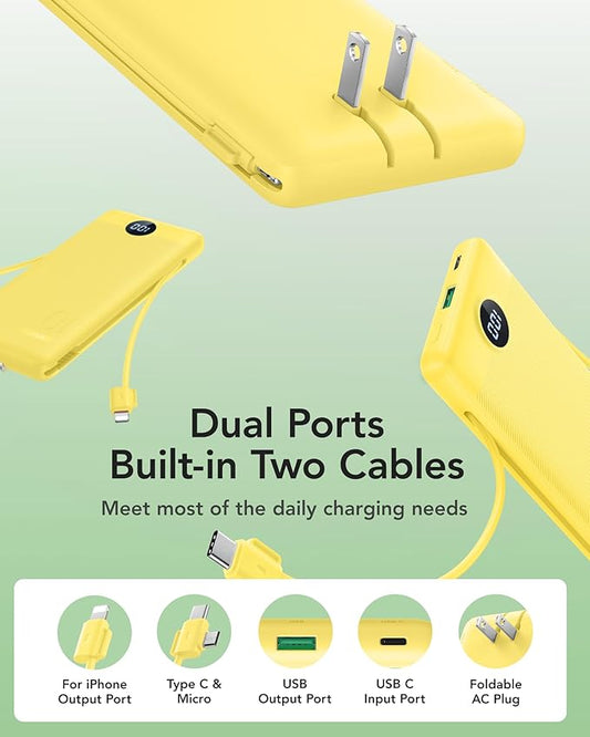 VRURC Portable Charger with Wall Plug, 10000mAh PD 20W Fast Charging Slim Portable Charger Built in Cables Power Bank with Cords,USB C Portable Phone Charger Travel Accessories -Yellow(1 Pack)