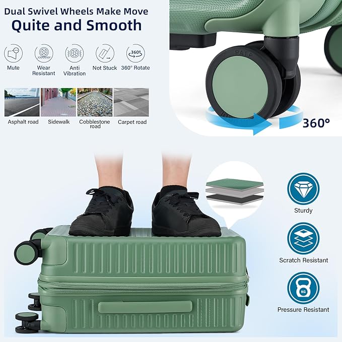 Hard Shell Suitcases Airline Approved 20 Inch Carry on Luggage, Expandable Travel Luggage with Cup Holder Charger Built in, Small Lightweight Suitcases with Wheels, Forest Green