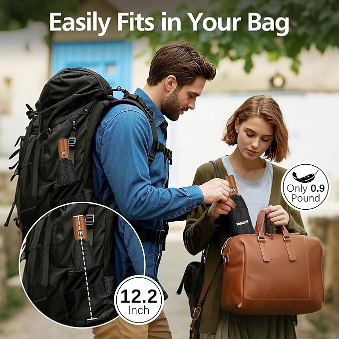 Yoobure Windproof Travel Umbrella with Wood Handle - Automatic Umbrellas for Rain & UV Sun Protection, Compact 46" Large Canopy, Lightweight Backpack Portable for Walking & Outdoor
