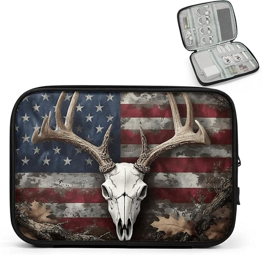 Vintage Deer Skeleton Travel Cable Organizer Pouch American Flag Electronics Accessories Carry Case Portable Water Resistant Storage Bag for Cord Charger Phone Earphone SD Card