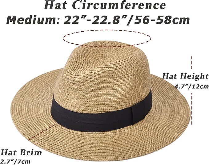 DRESHOW Women Straw Panama Hat Travel Fedora Beach Sun Hat Summer Wide Brim Straw Roll up Hat UPF 50+