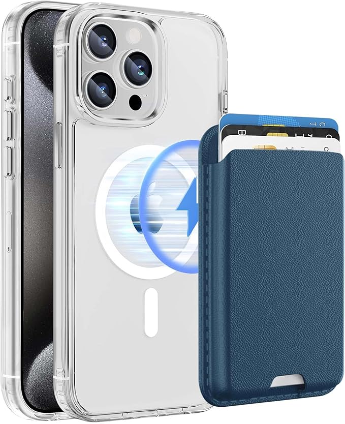 Ntwinro Magnetic for iPhone 15 Pro Clear Case (Compatible with MagSafe) with Blue Detachable Wallet & Card Holder for 3 Cards [RFID Blocking] Military Grade Protective Slim Phone Cover