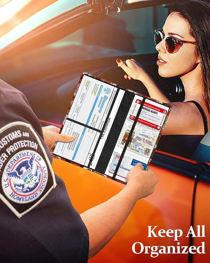 Slohif Car Registration and Insurance Holder - Flower Vehicle Glove Box Organizer Women with Magnetic Shut Leather Automobile License Holders Coasters Auto Accessories Case for Document