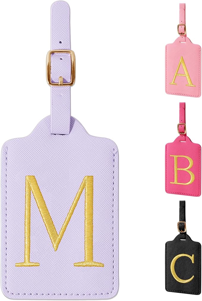 Personalized Initial Luggage Tags for Suitcase, Purple Leather Cute Luggage Tags with Privacy Cover Name Card, Embroidered Custom Monogrammed Luggage Tag Travel Backpack Tags Gifts for Women Kids(M)