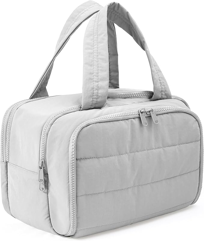 Travel Toiletry Bag for Women, Large Wide-open Puffy Cosmetic Makeup Bag with Wet-Dry Separation, Multi-Pocket Organizer with Carry Handle for Toiletries, Cosmetics, Essentials, Light Grey