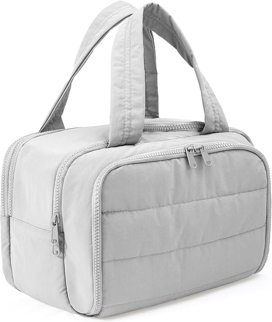 Travel Toiletry Bag for Women, Large Wide-open Puffy Cosmetic Makeup Bag with Wet-Dry Separation, Multi-Pocket Organizer with Carry Handle for Toiletries, Cosmetics, Essentials, Light Grey