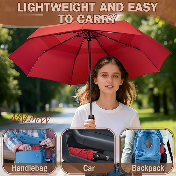 NINEMAX Windproof Travel Umbrella for Rain, Automatic Umbrellas Double Canopy Vented Compact for Men Women(Red)