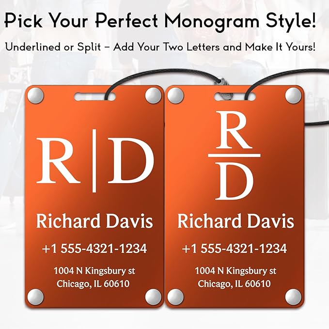 Personalized Luggage Tags for Suitcases - Monogram Style Aluminum Custom Luggage Tags for Backpacks & Bags, Sturdy, Waterproof & Heavy Duty (Orange/Card-Sized)