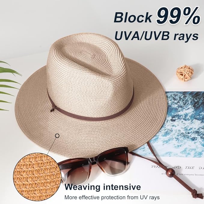 DRESHOW Women Straw Panama Hat Travel Fedora Beach Sun Hat Summer Wide Brim Straw Roll up Hat UPF 50+