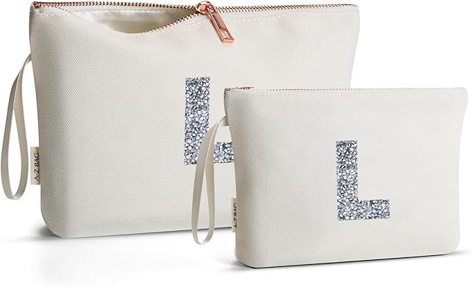 A-Z BAG 2pcs Personalised Makeup Bag Set, Canvas Cosmetic Bag with Rhinestone Initial, Birthday Gifts for Women (L, Beige)
