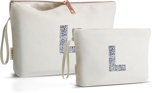A-Z BAG 2pcs Personalised Makeup Bag Set, Canvas Cosmetic Bag with Rhinestone Initial, Birthday Gifts for Women (L, Beige)
