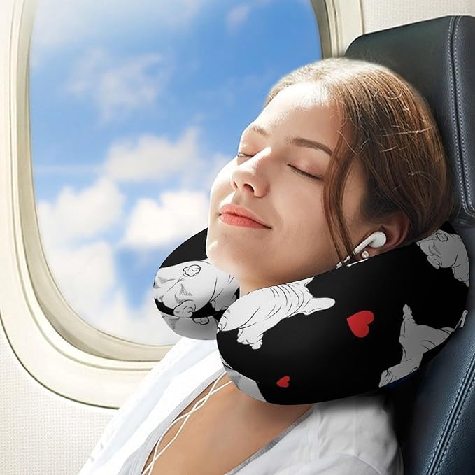 Cute Decorative Travel Neck Pillow Memory Foam Chin Cushion Funny French Bulldog Puppy Dogs, Washable Cover for Women Airplane Car Home Sleeping Rest