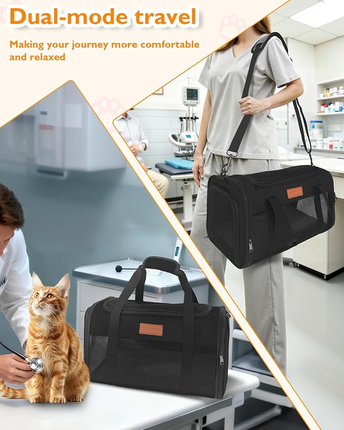 PETUX TSA Approved Pet Carrier in Cabin - 17"x11"x9.5", Underseat, Soft Sided Cat Carriers with Safety Zippers and Anti-Scratch Mesh for Small Cat up to 12 lb, Ideal for Travel and Vet Visit, Black