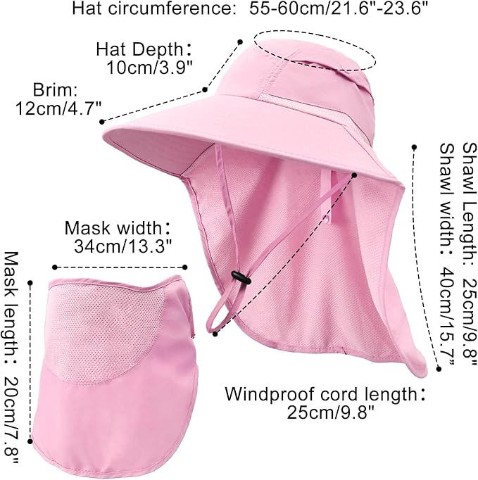 Sun Hats for Men Women Detachable Face Cover Wide Brim Fishing Hats with Neck Flap UPF 50+ Outdoor Safari Hats