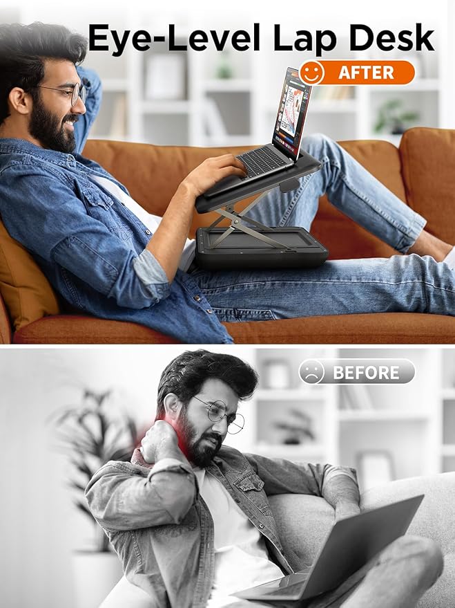 SAIJI Height & Tilt Adjustable Lap Desk, Portable Laptop Stand for Bed, Car, Couch and Recliner, Foldable Lap Desks - Up to 15.6 Inch Laptops