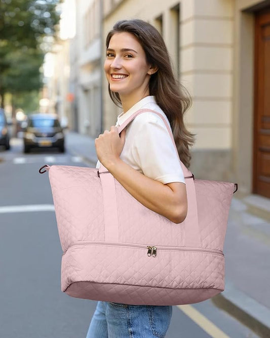 HOTOR Travel Duffel Bag - Weekender Bags for Women, Carry On Overnight Bag with Shoe Compartment, with Toiletry Bag for Travel Essentials and Travel Accessories, Pink, 15.8"×18.1"×8.7"