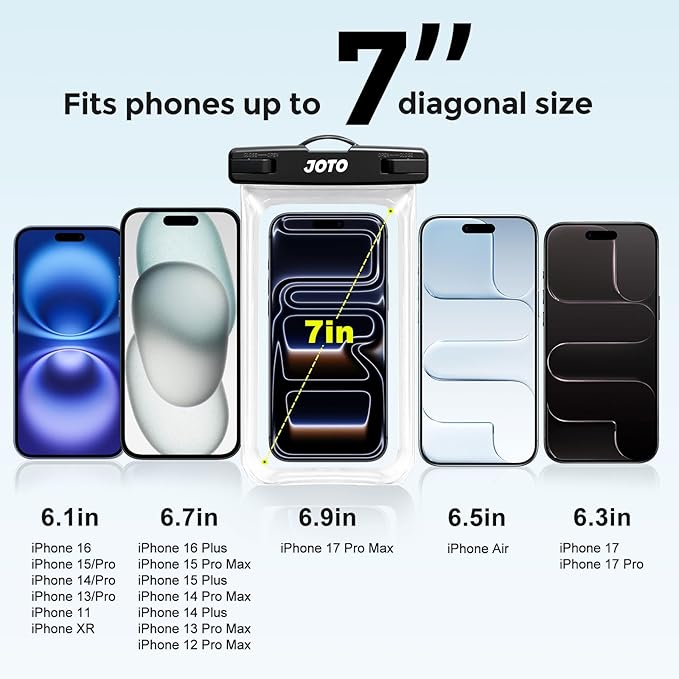 JOTO Up to 7" Universal Waterproof Phone Case for iPhone 17 Air 16 15 14 13 12 11 Plus Pro Max, IPX8 Cellphone Dry Bag XR X SE, Galaxy S23 S22 S21 S20+ S20 S10 Plus Note, Pixel -Clear