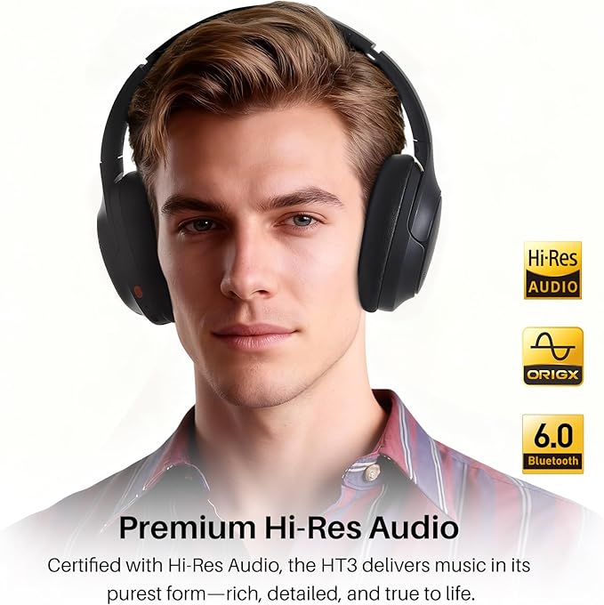TOZO HT3 Hybrid Noise Cancelling Headphones, 90H Playtime Wireless Over Ear Bluetooth Headset, Spatial Audio AI Chat with 5 Mics, Supports Dual Connection and USB-C Input, with 32 EQ Music Modes