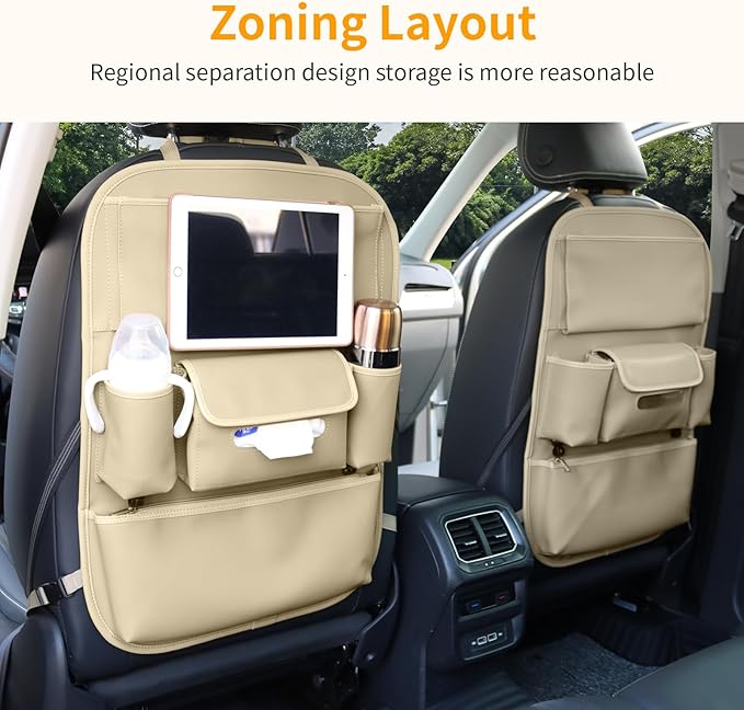 Car Seat Organizers Waterproof Backseat Protector with Storage Pocket Large Leather Kick Mats for Kids Pets Automobile SUV Truck (Beige, Large Pocket)
