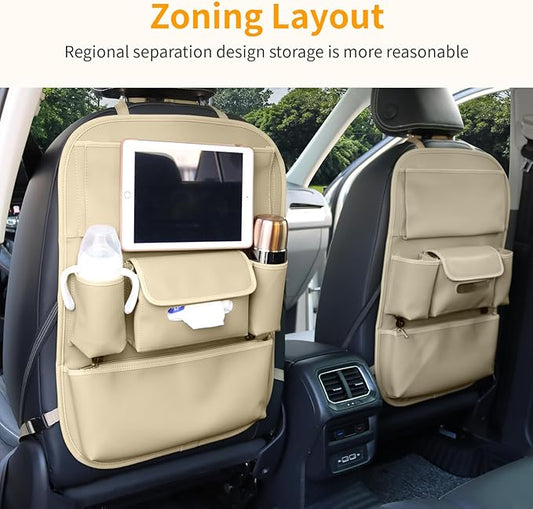 Car Seat Organizers Waterproof Backseat Protector with Storage Pocket Large Leather Kick Mats for Kids Pets Automobile SUV Truck (Beige, Large Pocket)
