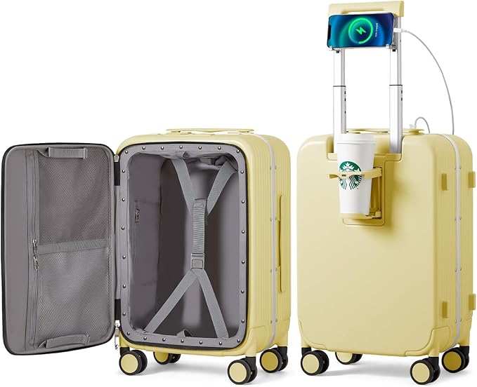 mixi Carry On Luggage with Cup Phone Holder and Charger Hard Shell Suitcases with Spinner Wheels,20 Inch Lark Yellow