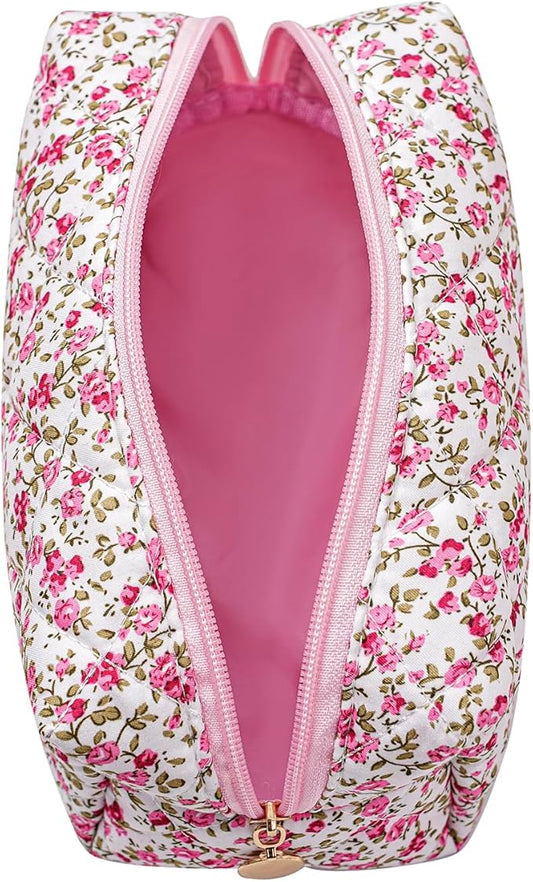 Makeup Bag Travel Cosmetic Bag for Women Girls, Zipper Make Up Pouch, Floral Flowers Toiletry Organizer Makeup, Portable Storage Cosmetic Travel Cloth Bag (Red-Floral)