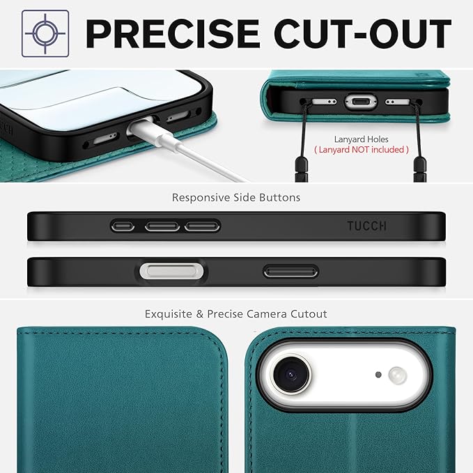 TUCCH Case Wallet for iPhone Air (6.5-Inch) 2025, [3 Card Slots] Kickstand [RFID Blocking] PU Leather Case, Flip Folio Cover with [TPU Shockproof Interior Shell], Teal Green