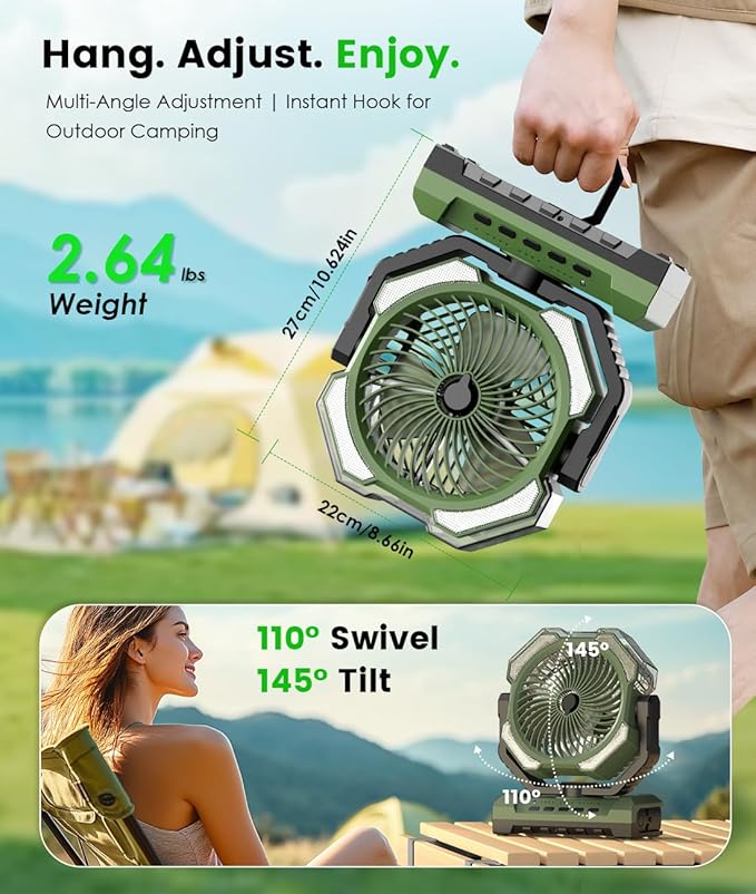 Camping Misting Fan - Portable Rechargeable Fan with 9oz Tank, Light, Hook - Battery Power 120H MAX Working, Fast Cooling, 4 Speed, Timer, Sleep Mode, for Outdoor, Travel, Patios, Beach