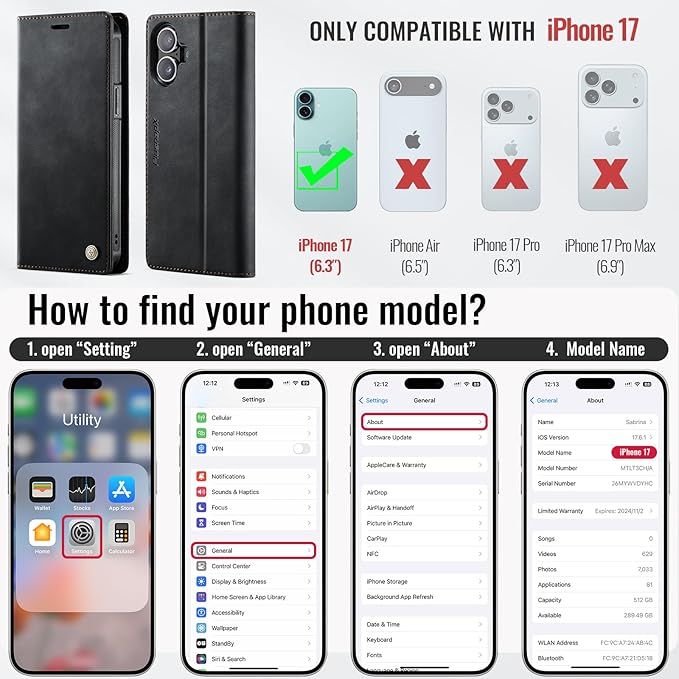 PlusnapX Wallet Case for iPhone 17 Compatible with Magsafe, 2-in-1 PU Leather Flip RFID Blocking Card Holder Stand Shockproof Magnetic Detachable Cover for iPhone 17 Case 6.3", Black