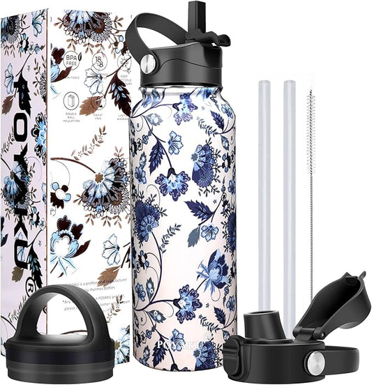 Water Bottle Insulated 32oz 40oz 64oz 128oz Straw Lid Spout Lid & 3 Lids, Leak Proof, Vacuum Insulated,Stainless Steel Water Bottle Wide Mouth for Sports, Gym or Office
