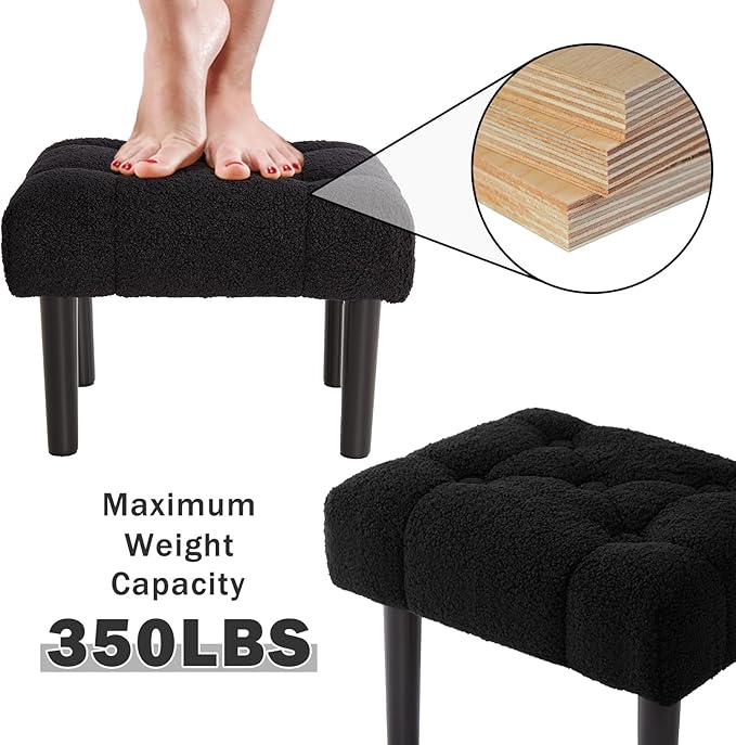 HOUCHICS Fur Padded Foot Stool, Small Ottoman Foot Rest with Wooden Legs,Modern Rectangle Chair Foot Rest Foot Step Stool for Living Room, Couch, Desk(Black)