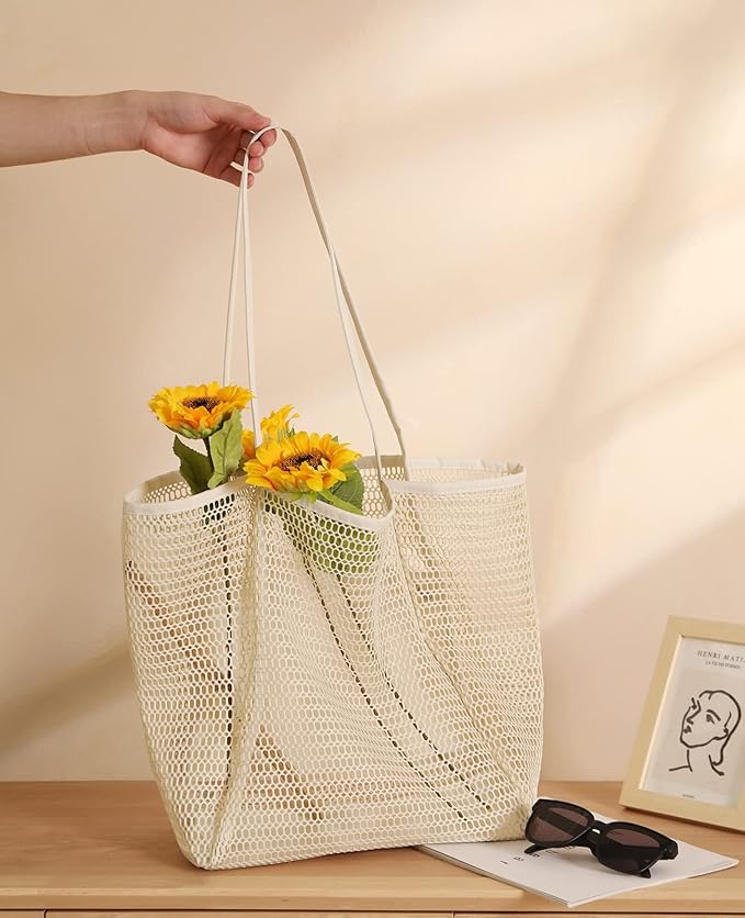 Iioscre Mesh Beach Tote Bags for Womens, Causal Hobo Pool Bags for Swimming Pools Vacations Beach Essentials