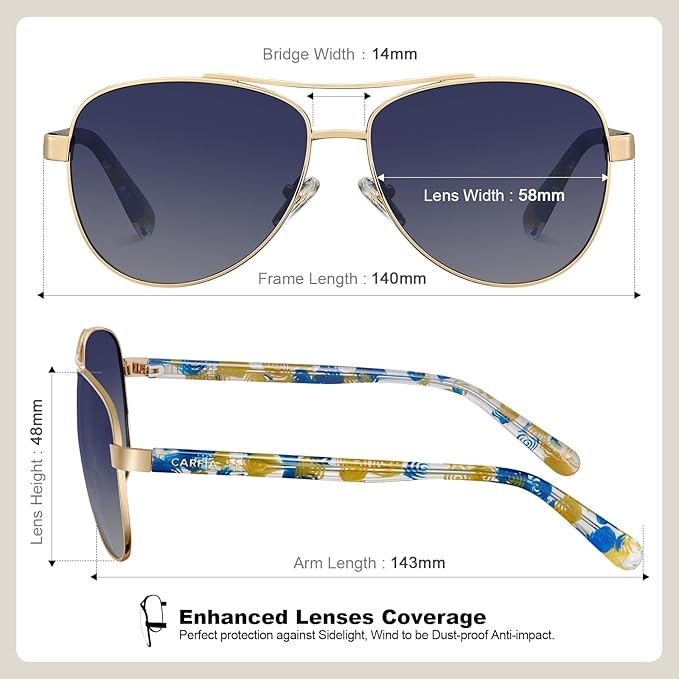 CARFIA Polarized Sunglasses for Women UV Protection Acetate Arms Metal Frame Woman's Shades CA3216