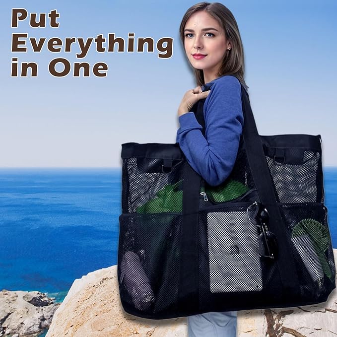 Mesh Beach Bag, Large Beach Tote with Zipper Pocket for Family Pool Bag for Toys & Vacation Essentials