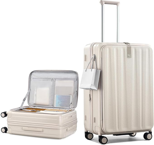 Hanke 26 Inch Expandable Luggage Top Opening Checked Bag Luggage Hard Shell Suitcases with Wheels Lightweight Travel Luggage Heavy Duty Luggage Suitcase with Lock for Woman Men-Ivory White