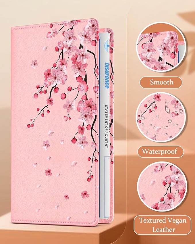 Slohif Car Registration and Insurance Card Holder - Peach Blossom Vehicle Glove Box Organizer Women with Magnetic Shut Leather Automobile License Holders Coasters Auto Accessories Case for Document