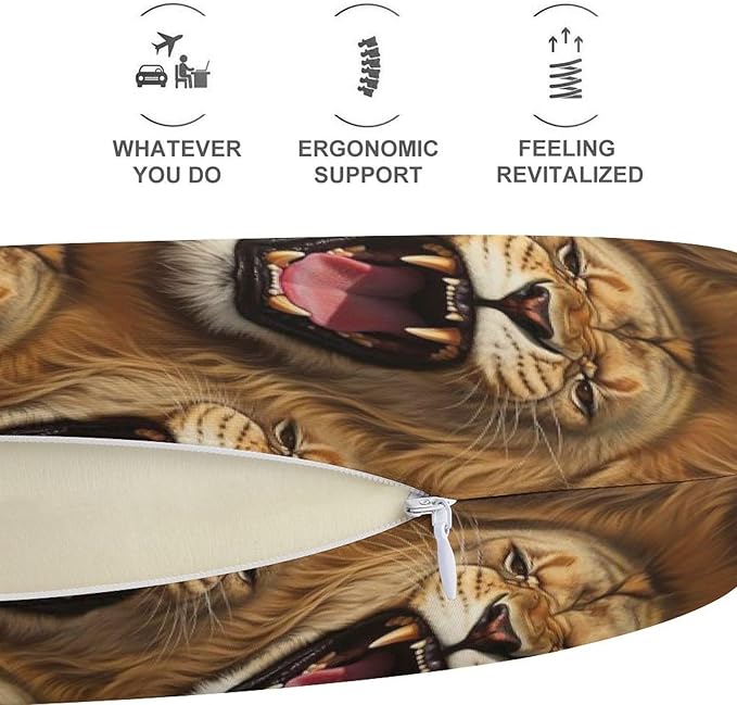 Travel Neck Pillow Memory Foam Chin Cushion Angry Lion, Washable Cover for Men Women Youth Airplane Car Pain Relief