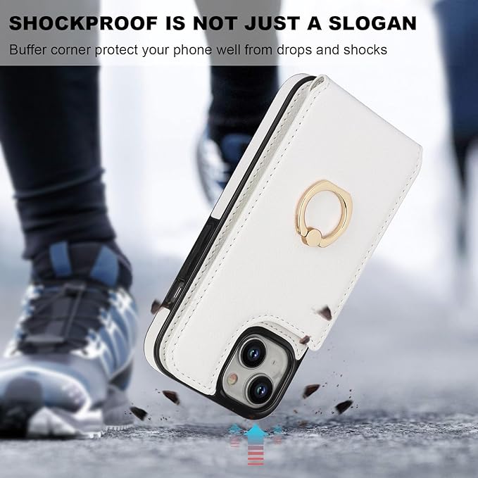 Folosu Compatible with iPhone 15 Case Wallet with Card Holder, 360°Rotation Finger Ring Holder Kickstand, RFID Blocking Leather Protective Double Buttons Shockproof Cover 6.1 Inch White