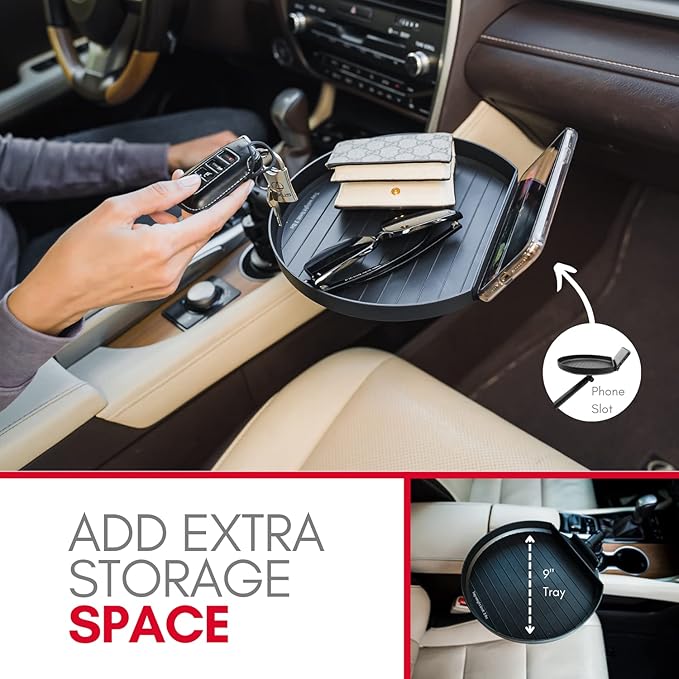 Macally Cup Holder Tray for Car - Adjustable Car Tray Table - Perfect Car Food Tray for Eating with Phone Slot and Swivel Arm - Car Organizer