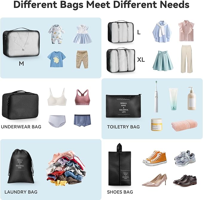 AnyZip Luggage Sets 10 Piece Hardshell Suitcase Set PC ABS Lightweight Travel Suitcases with 4 Double Spinner Wheels TSA Lock 20 24 28 Inch with 7 Storage Bags Black